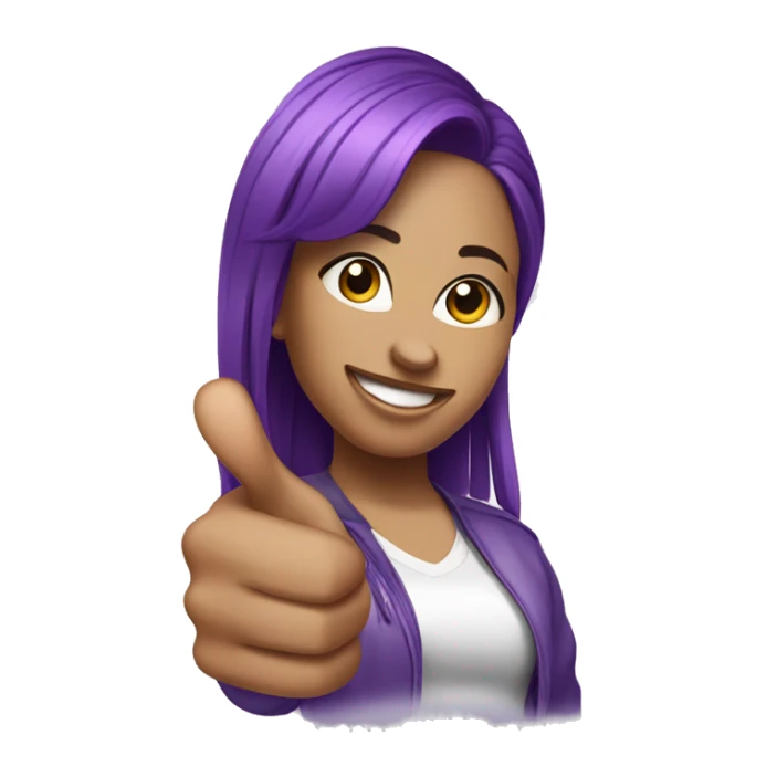 A light skinned female hip hop dancer with purple hair doing a thumbs up sticker