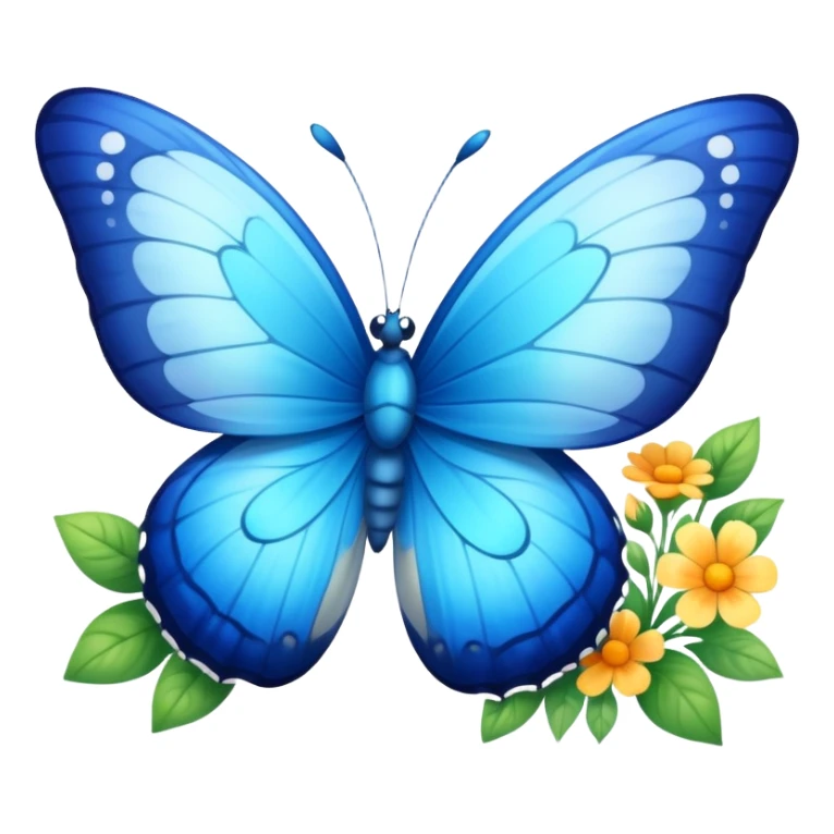 A vibrant blue butterfly with a cute smiling face, fluttering in spring with flowers around sticker