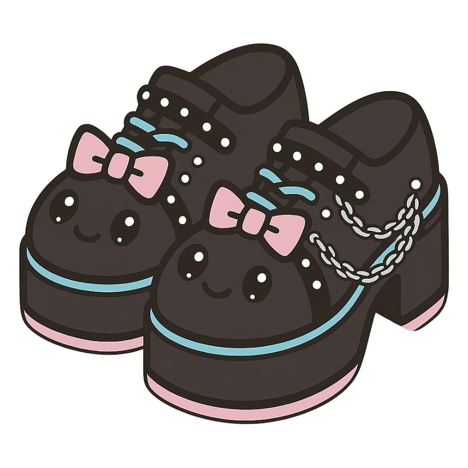 Add silver studs and chains to the primarily black kawaii gothic shoes with pink and pastel accents, no socks, no hearts, transparent background sticker