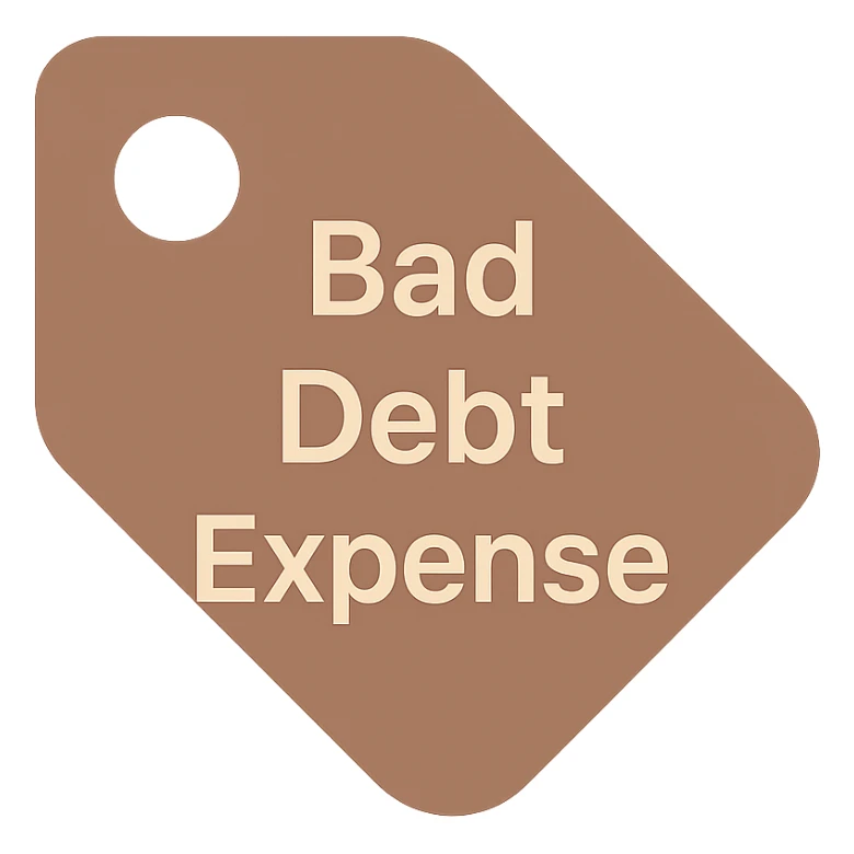 brown price tag icon with the text 'bad debt expense' sticker