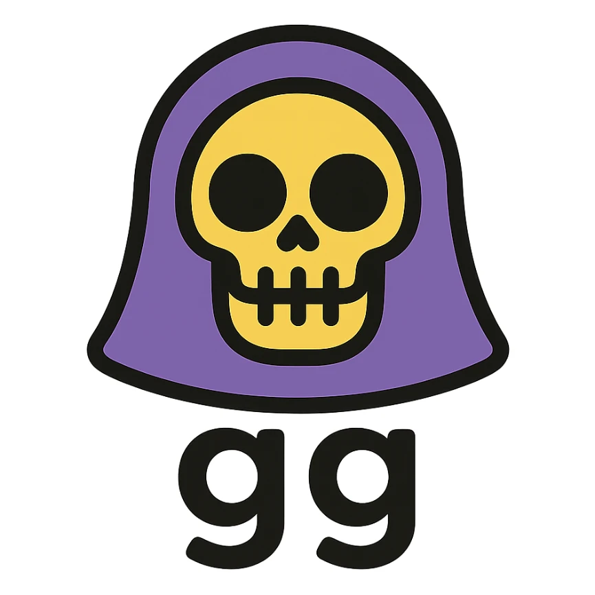 grim reaper head with 'gg' text, color outline icon style, more cartoonish sticker