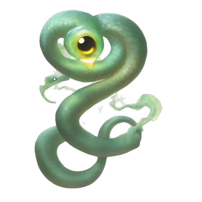 A small, pale, ethereal serpent with a delicate, almost translucent body, coiled around the socket of Messmer's eye, with a subtle, shimmering glow, and very dark sticker