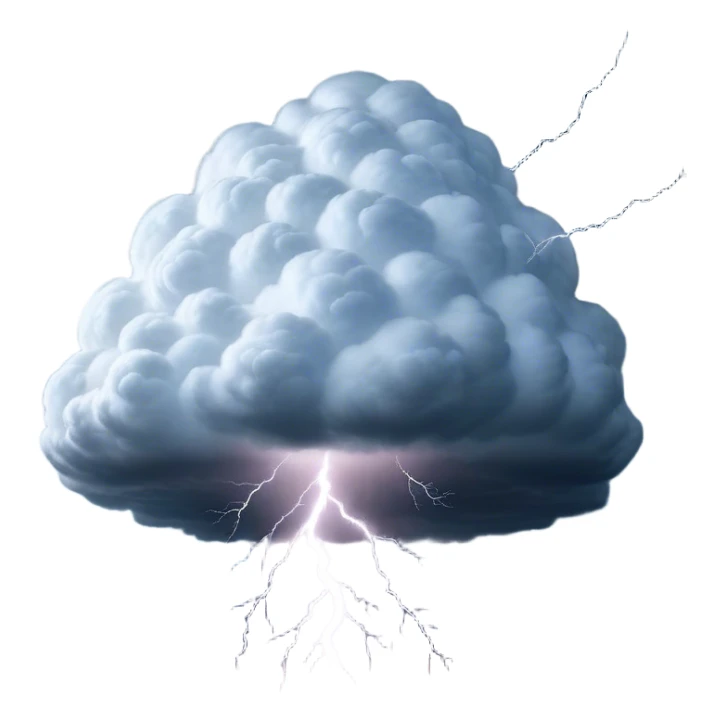 Cinematic Realistic Cumulonimbus Emoji, Towering and imposing, with dark, dramatic clouds reaching up into the sky in a billowing formation. Lightning flickers within, and the atmosphere is charged with energy, signaling a powerful storm ahead. Soft glowing outline, capturing the essence of raw power, intensity, and nature’s fury in a mighty cumulonimbus cloud! sticker