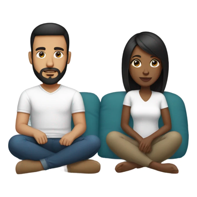 Black woman with black straight hair sitting on soft surface with pillows   with white male with brown hair and beard  sticker