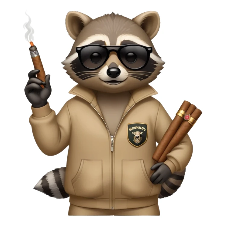 friendly anthropomorphised raccoon in a Sopranos-style mafia tracksuit, wearing dark sunglasses, holding a cigar, confident pose sticker