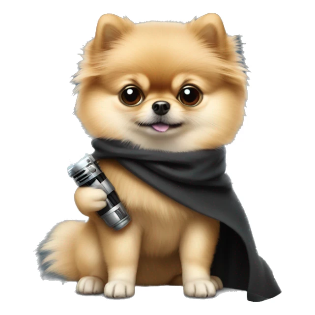 Pomeranian dressed as Luke Skywalker holding a lightsaber sticker