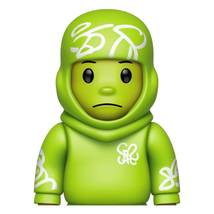 bearbrick toy wearing a lime green balaclava with graffiti design and chill relaxed thick eyebrows showing above sticker