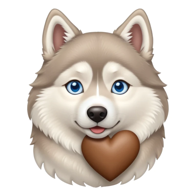 Beige husky with blue eyes holding a brown heart sticker