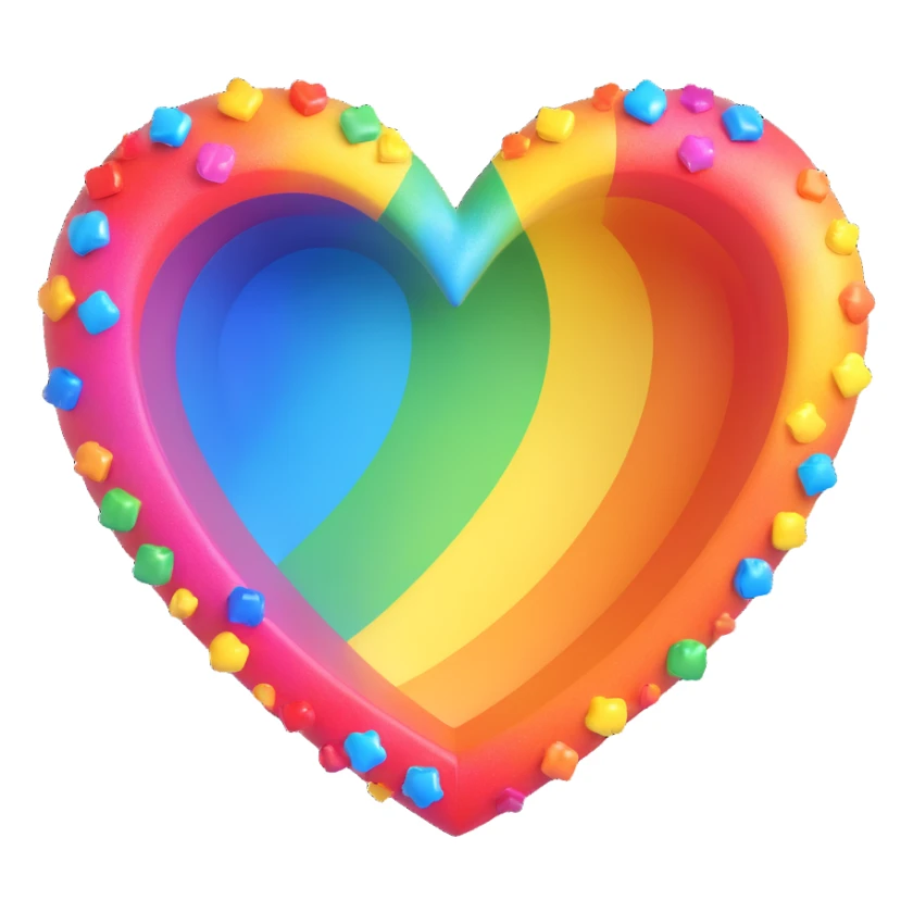 Transform the rainbow heart with sparkles into a vibrant 3D style, preserving the bright colors and sparkles, with no background. sticker