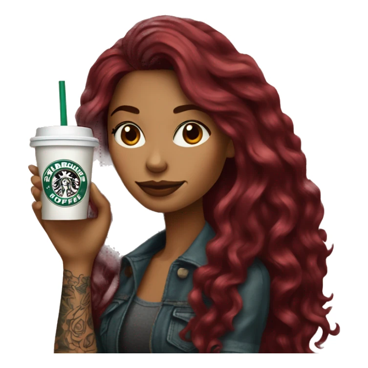 Beautiful tattooed  burgundy long haired woman holding a Starbucks drink sticker