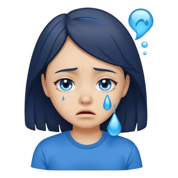 sad brunette girl crying with blue tears wearing a blue tshirt sticker