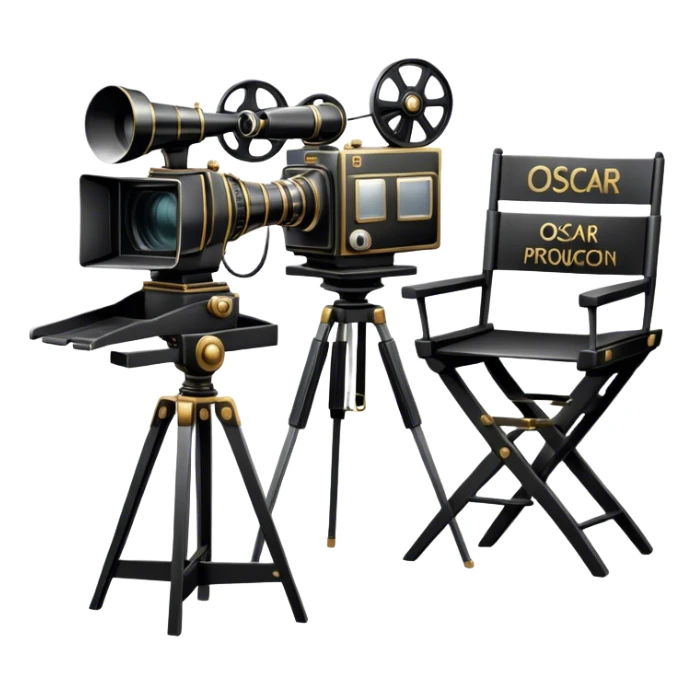 Professional icon for Directing: a film camera, an Oscar statuette and a script with a director's chair in the background. The icon should convey the prestige and creativity of directing in film, with focus on awards and film production. Transparent background. sticker