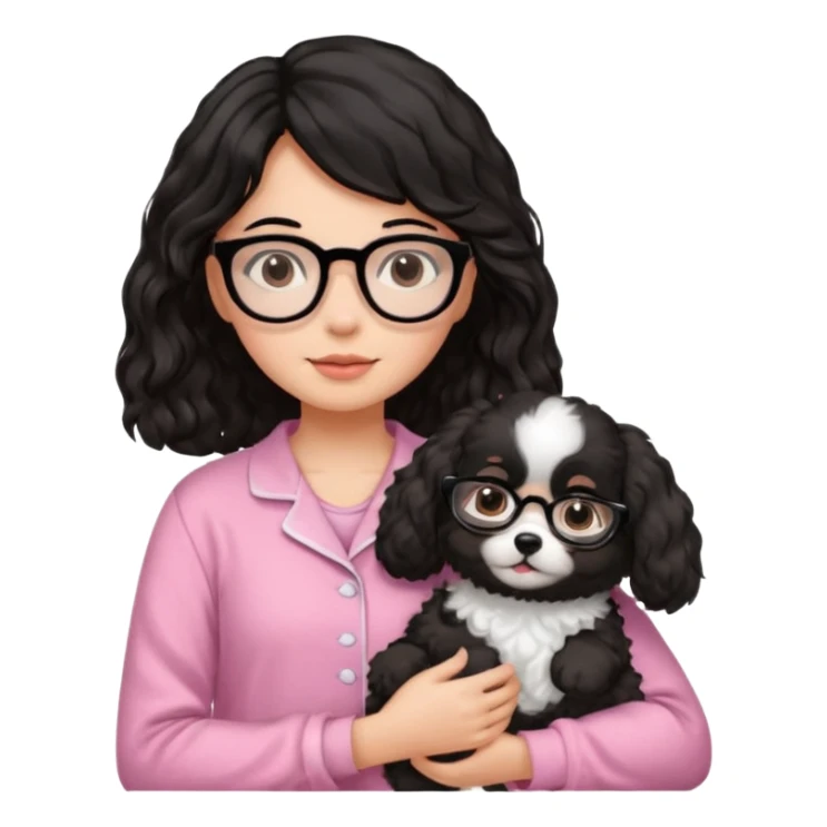 soft wavy black haired girl wearing black framed glasses in a pink pjs while holding her fluffy dog sticker