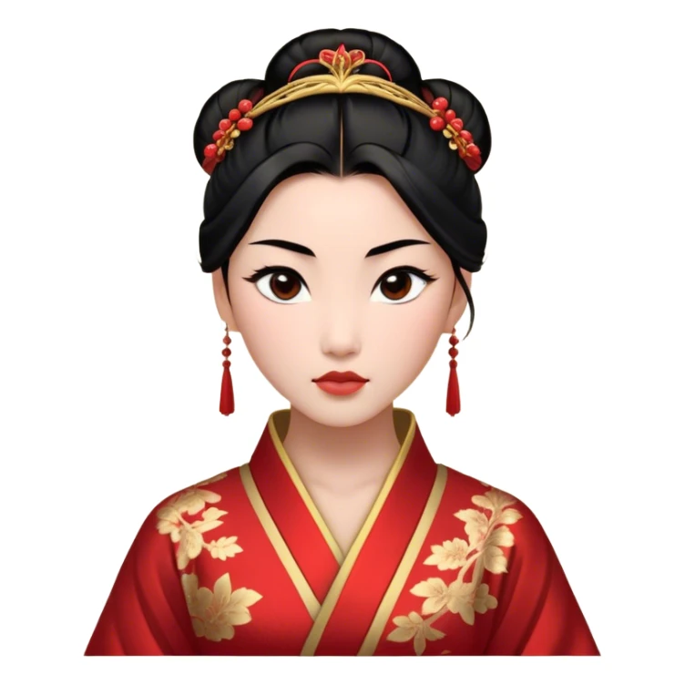 Cinematic Realistic Majestic Mulan Portrait, featuring finely rendered light skin with natural luminescence and expressive, determined eyes. Her black hair is styled with care into an elegant bun, and every fold of her traditional robe—adorned with subtle red motifs and refined gold trim—is depicted with intricate fabric detail. The scene is bathed in soft, natural light that enhances the depth and authenticity of the image, conveying a noble and serene aura that embodies timeless elegance and inner fortitude. sticker