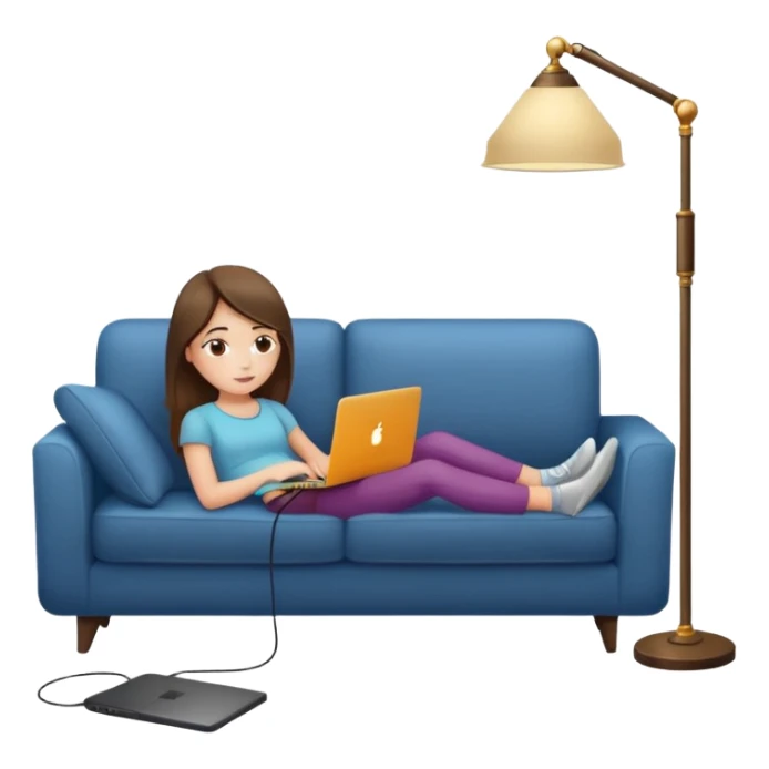 A girl is working with a laptop while lying on a sofa, with a floor lamp to the right. sticker