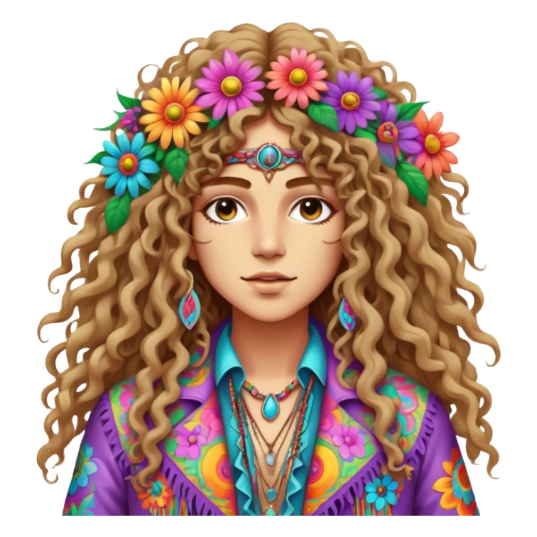 Create a 3D ultra detailed psychedelic colored hippie style flower border with a gorgeous hippie in the center with long curly hair and a fringed jacket sticker
