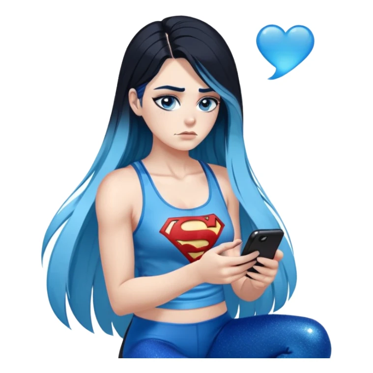 Shameful disappointed crying-very very very very big chest-texting on a samsung cell phone-very long straight flowing black to sky blue hair ombre-blue eyes-black eyeliner-long eyelashes-plastic sparkling sky blue very low cut tank top with sparkling superman logo-black leggings-nike sneakers sticker