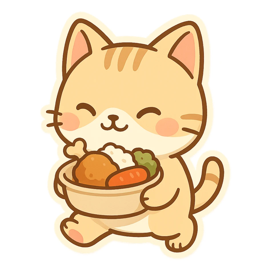 cute and clear cat carrying food, chibi stickers style, adorable and sharp sticker