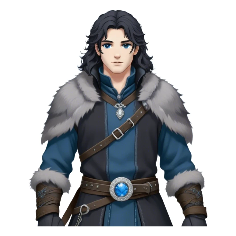 Medieval winter outfit worn by a DnD themed fantasy male character. Heavy charcoal gray wool tunic with black wolf fur lining, embellished with etched silver buttons and a sturdy leather belt with decorative metalwork. Clothes only above the waist, full waist coverage. The character has no arms. Character is white-skinned with jet black hair, steel blue eyes, and shoulder-length wavy hair with snow-kissed strands. sticker