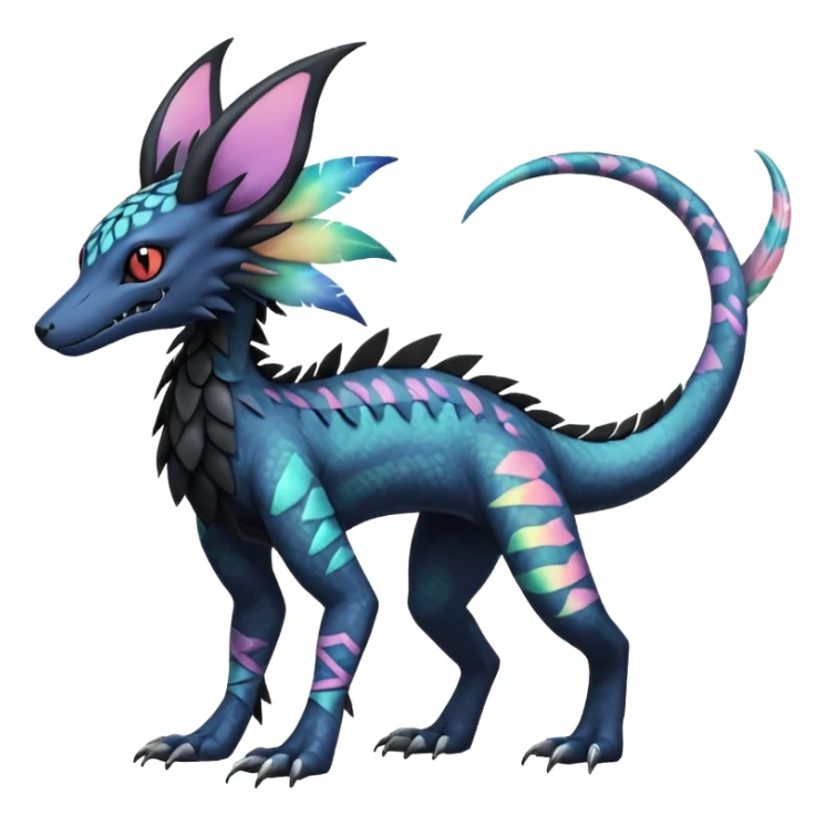 Rare realistic tribal patterned whitish pastel colorful iridescent shiny glossy feathery epic handsome gorgeous aesthetic black-skulled Vernid-Trico-Sergal-Salandit-Nargacuga-species-Fakemon-creature by LiLaiRa, 4 legs, 1 tail, random markings, (full body) long ears sticker