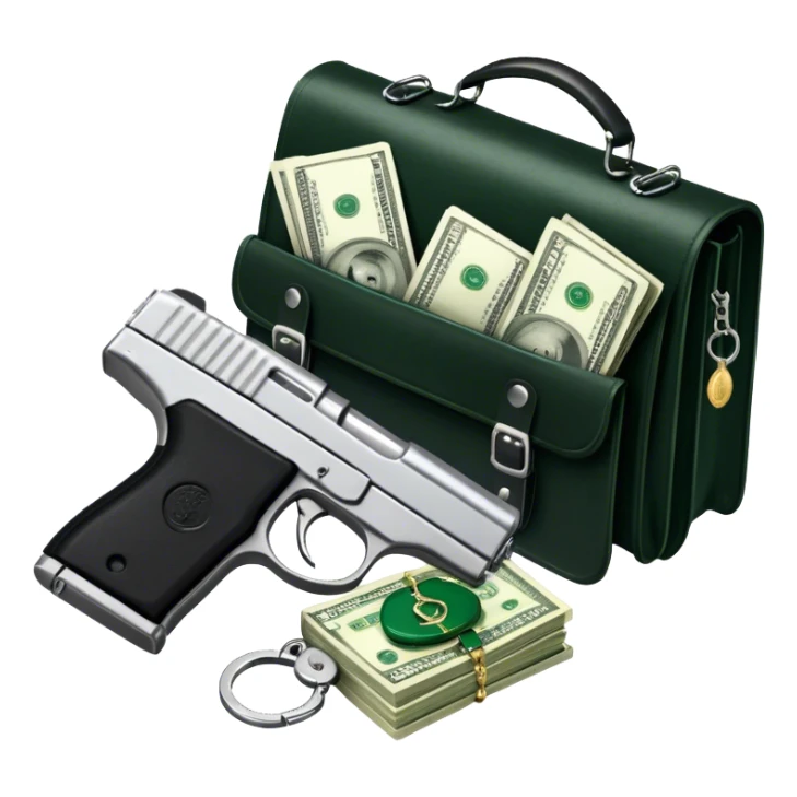Icon for Action & Crime Reading: open book with text and picture, silhouette of a gun, a bag of money, a police badge. Surrounding elements include a pair of handcuffs, a briefcase and scattered bullet casings. Transparent background. sticker