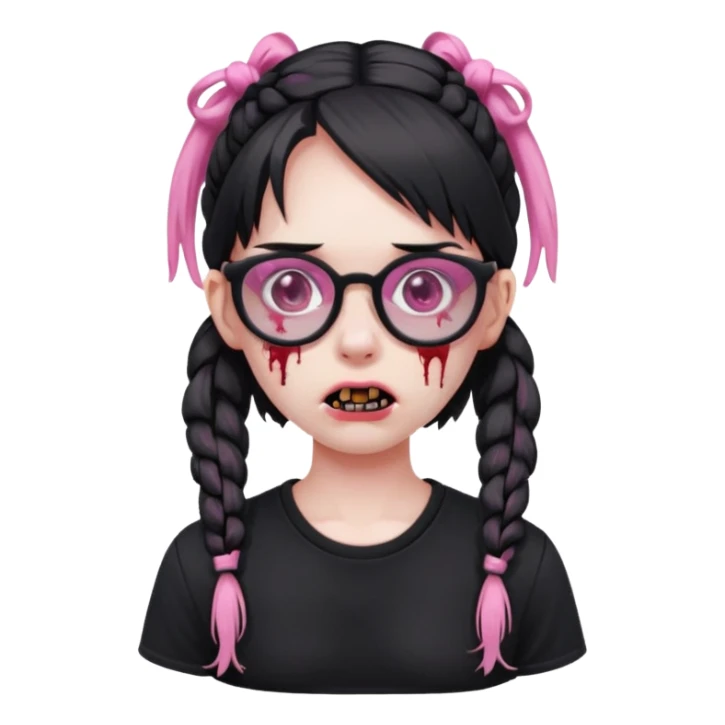 Zombie girl black shirt length pigtails with pink glasses sticker