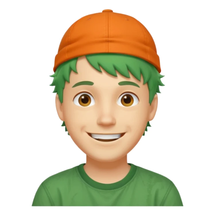 white man with big smile, short green messy hair, orange backwards cap, streetwear vibe sticker
