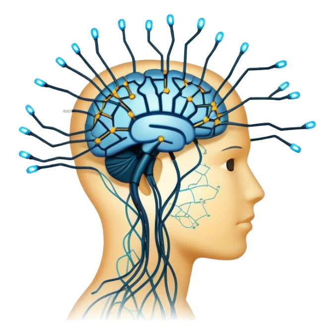 An icon featuring a human head silhouette with circuit patterns, a glowing brain, and neural network nodes, symbolizing artificial intelligence. The design includes data flow lines and robotic elements, representing machine learning and advanced computation. Transparent background sticker