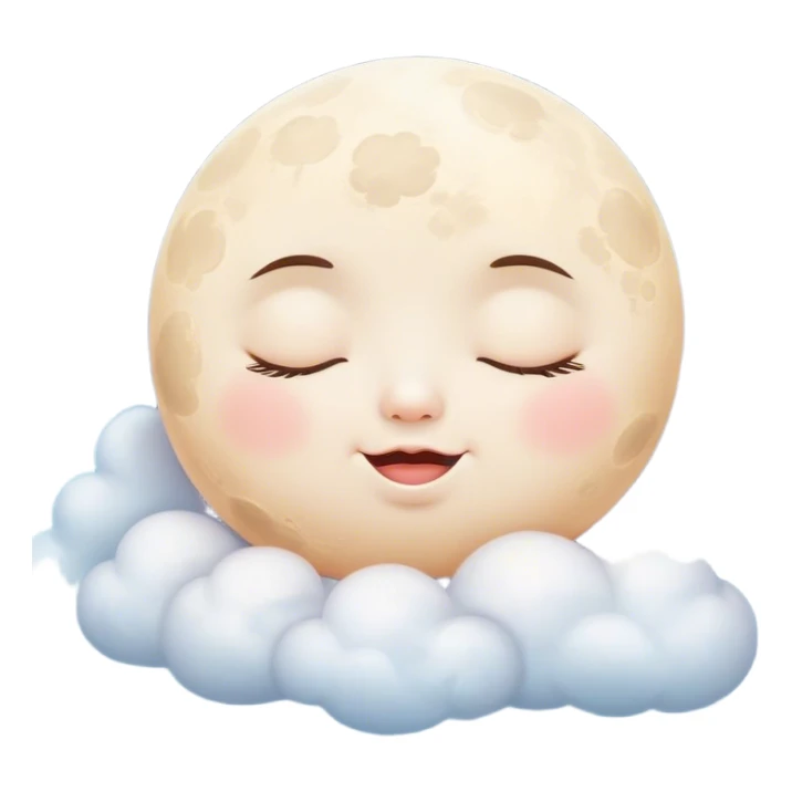 Cinematic adorable moon with a sleepy face, round and chubby, soft glowing light, tiny rosy cheeks, resting on a bed of fluffy clouds, dreamy and peaceful. sticker