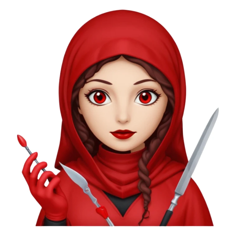 Lilith scalpel in hand, evil surgeon outfit.  She has red eyes. She has dark brown curly hair. Hair is long . Wears sexy doctor outfit with red gloves. Clears, mouth with Muslim red burka sticker