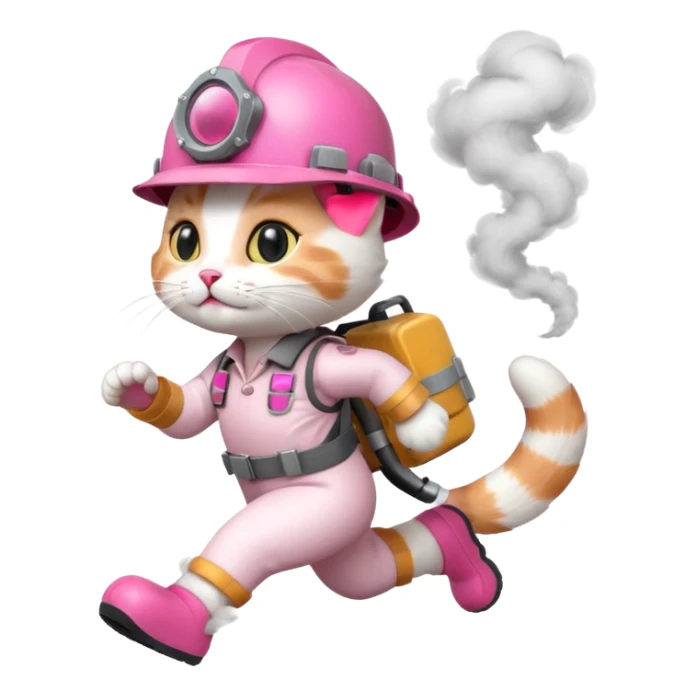 A cute white and pink cat dressed as engineer with a helmet running fast with smoke under her feets sticker
