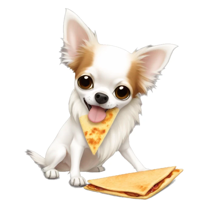 Long-haired white Chihuahua with reddish-brown markings eating a quesadilla sticker