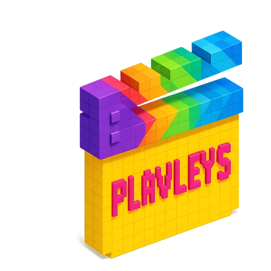 isometric view of a movie clapperboard with the text 'PLAVLEYS' written on it, voxel style sticker