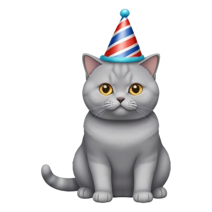 British Shorthair cat full body sitting with a party hat sticker