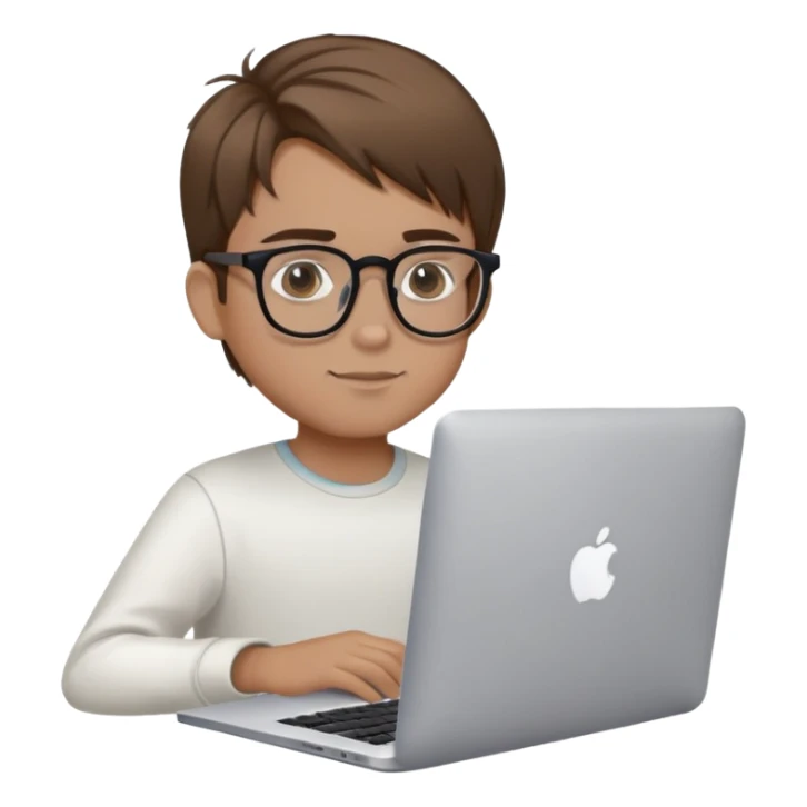 brown balayage straight hair boy with MacBook with glasses sticker