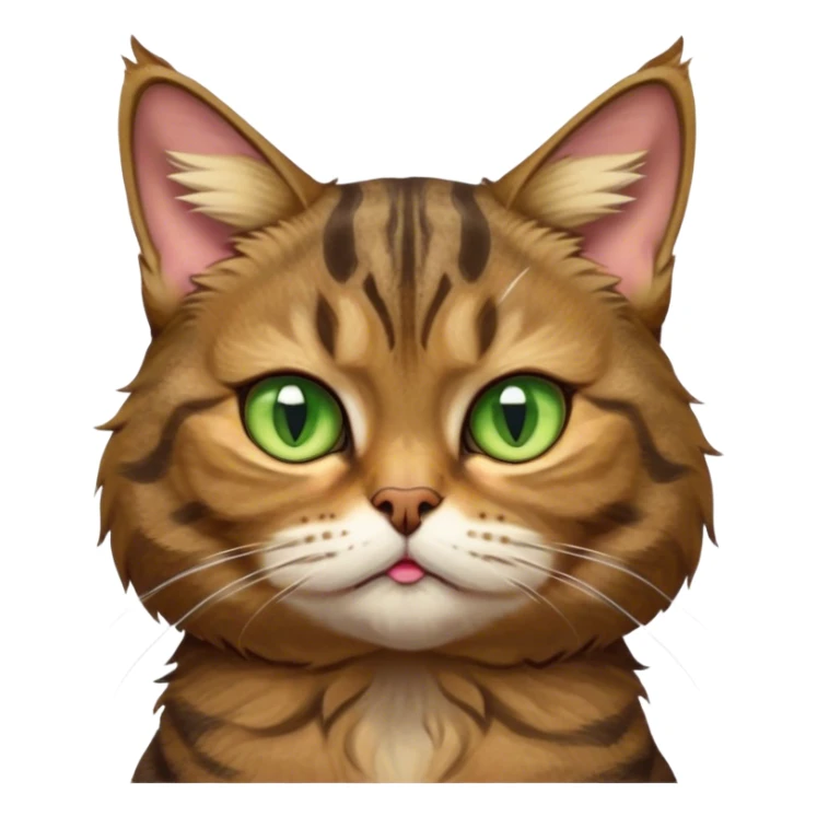 Cinematic Meme-Worthy Grumpy Brown Tabby Cat Portrait Emoji, Head held high but eyes filled with dramatic disappointment, fluffy brown fur with striking tabby markings, signature M-shaped forehead furrowed into an unmistakable scowl, large ears slightly angled back in disapproval, piercing golden-green eyes glaring with pure exasperation, Simplified yet hilariously over-exaggerated features, highly detailed, glowing with an aura of supreme annoyance, high shine, exhausted yet judgmental, stylized with an almost regal pettiness, bright but brooding, soft glowing outline, capturing the essence of a feline that has seen it all and is thoroughly unimpressed, so meme-worthy it feels like it could instantly become the next viral sensation of grumpiness! sticker