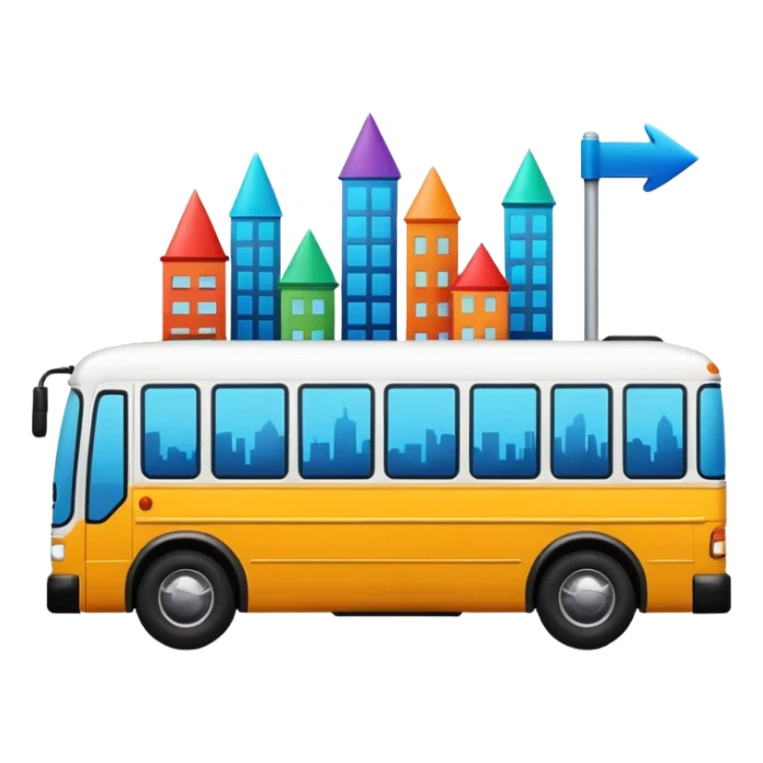 bus from the side with three colorful directional arrows pointing to city icons, Apple emoji style, vibrant colors sticker