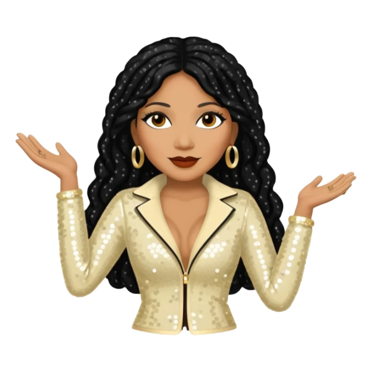 Trina Braxton with long jet black hair, cream sequin outfit sticker