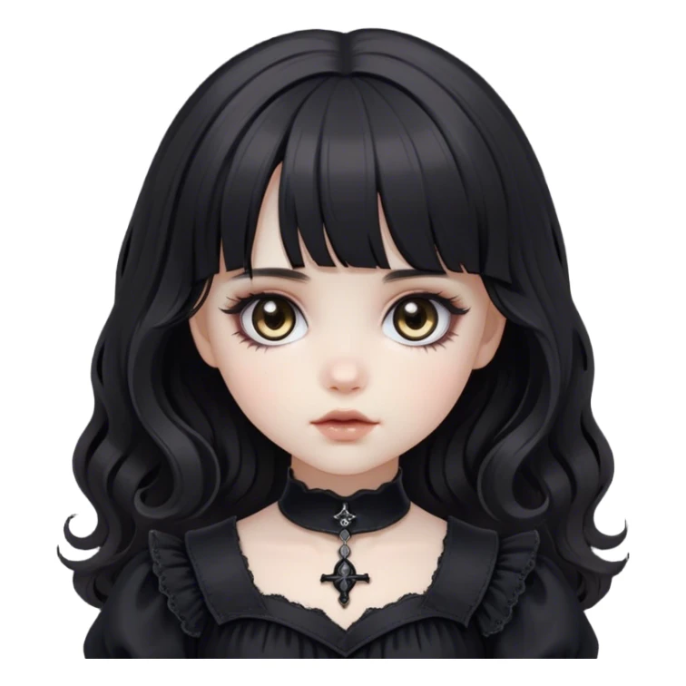 a pale white doll girl with medium black wavy hair and bangs with big light brown eyes wearing black gothic clothes sticker