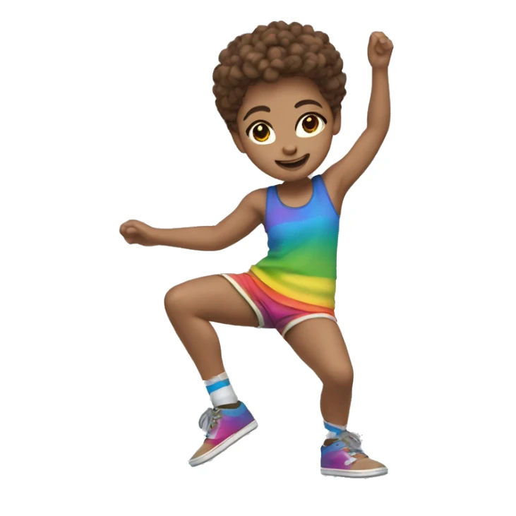 Spinning break dancer, short fuzzy brown hair, fair skin, rainbow shorts sticker