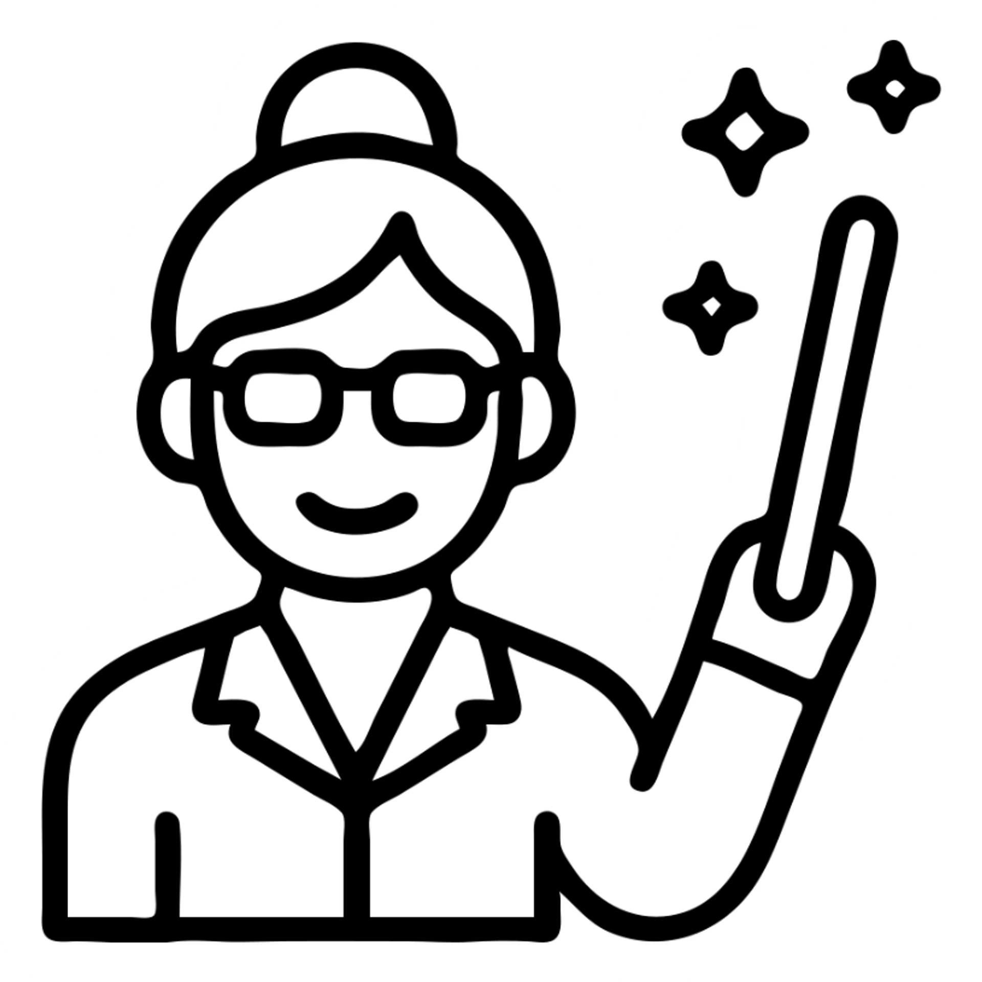 teacher with a bun hairstyle, waving a magic stick, icon style, professional and approachable sticker