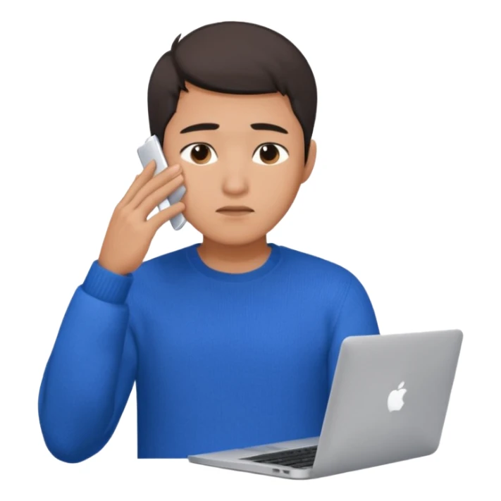 a asian handsome guy wearing a blue knit with white shirt, facepalming with only one hand, with a macbook, only upper body, high quality sticker