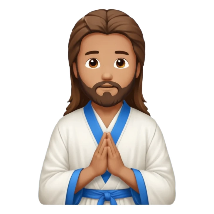 tan man with brown long hair and beard in a white robe and blue sash praying sticker