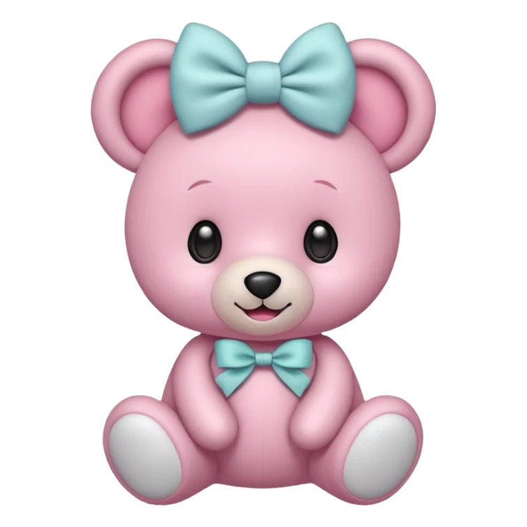 A cute pink teddy bear emoji style, soft plush texture, big round eyes, a sweet smile, wearing a large bow on its head. The bow is pastel pink or white, and the teddy looks cuddly and friendly. Minimalist emoji-style design, clear outlines, centered, white background."
 sticker