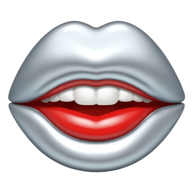Chrome silver lips emoji, glossy metallic texture, iOS emoji style, smooth reflections, bold but minimal design, centered, silver mouth. all silver sticker