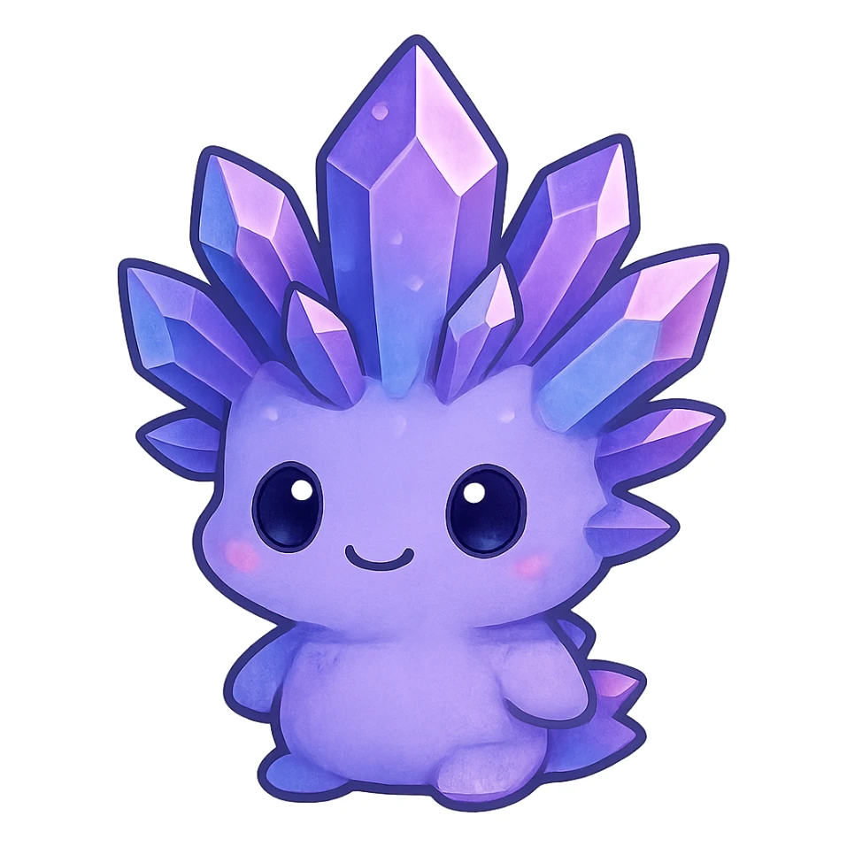 chibi kawaii style crystal sprite creature, purple, blue, and pink colors, cute and small sticker