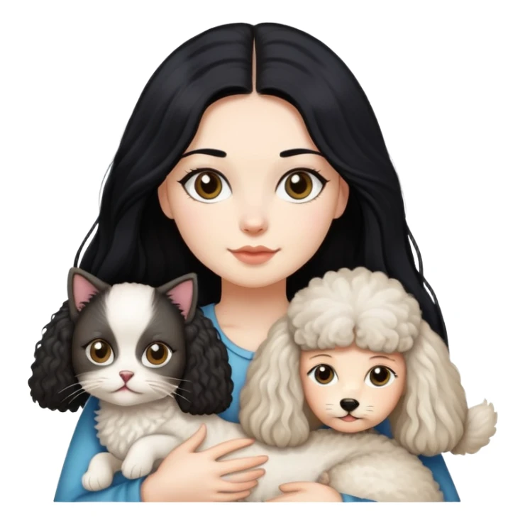 Lady with long black hair, with a Ragdoll cat and a small poodle  sticker