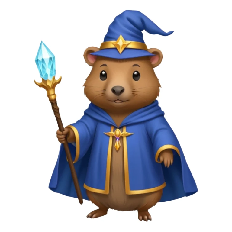 A mythical Queen Capybara wearing a wizard robe and a wand sticker