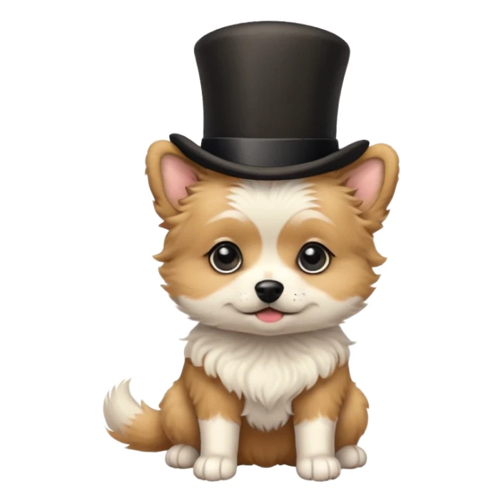 cute small dog with plain light tan fur, black nose, black round eyes, curly fluffy medium length hair, wearing a top hat sticker
