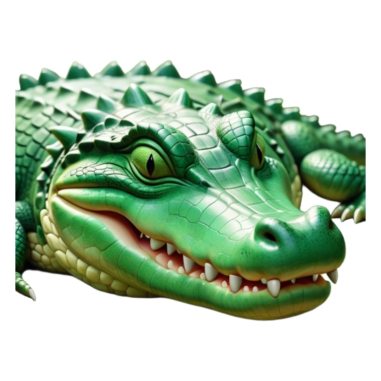 Meme-Worthy Cute Sleeping Crocodile Portrait Emoji, Head resting peacefully with a contented smile, showcasing a robust, powerful build and a luxuriously soft textured emerald-green hide, eyes shut in a serene, restful nap, Simplified yet hilariously adorable features, highly detailed, glowing with a soft, drowsy light, high shine, relaxed and utterly lovable, stylized with an air of playful laziness, bright and heartwarming, soft glowing outline, capturing the essence of a comically sleepy crocodile, so meme-worthy it feels like it could instantly become the next viral sensation of adorable reptilian slumber! sticker
